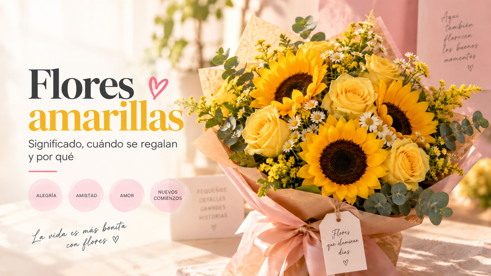 Texto ALT: Ramo de flores amarillas con girasoles y rosas para regalar