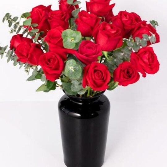 Florero de 40 rosas rojas con follaje dólar