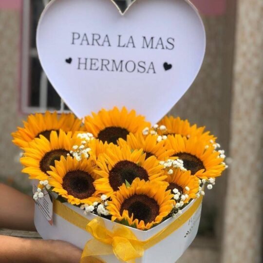 Caja de corazón con girasoles y follaje baby