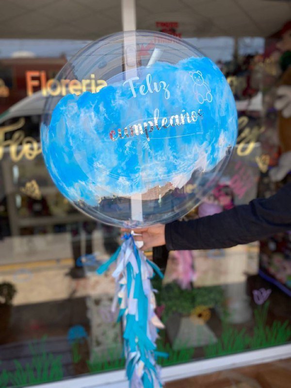 Globo en tono azul con blanco y frase personalizada