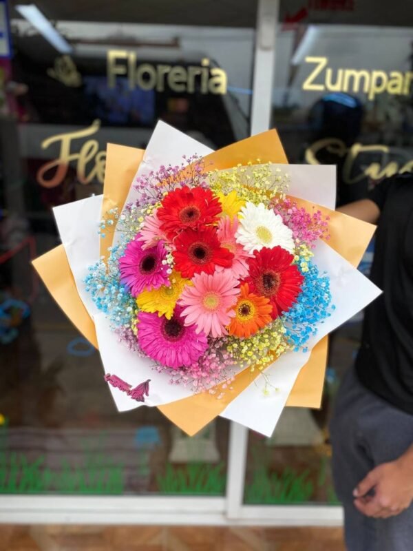 Ramo de 12 gerberas tonos variados con follaje baby