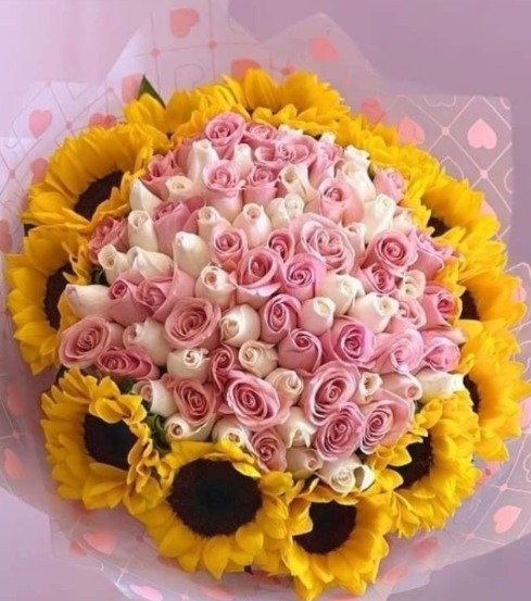 Ramo de 100 rosas en tonos pastel con 14 girasoles alrededor