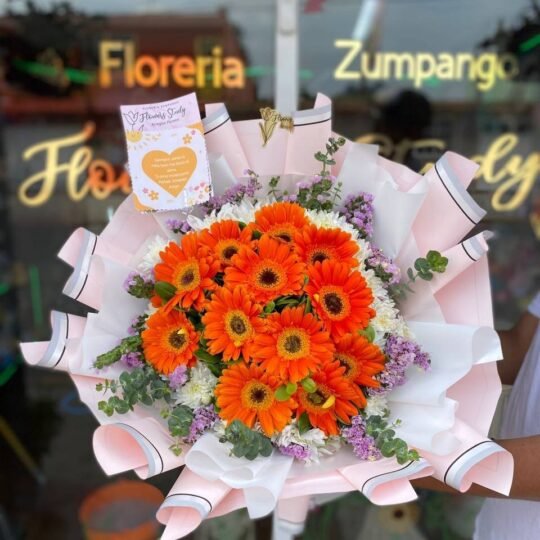 Ramo de 12 gerberas (color a elegir) y follaje mixto