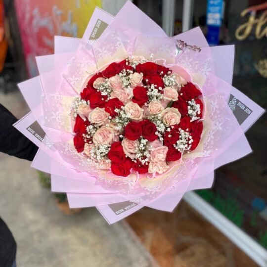 Ramo de 25 rosas rojas, 25 rosas color rosa y follaje baby