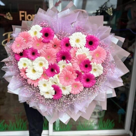 Ramo de 36 gerberas tonos pastel, en forma de corazón y follaje baby rosa