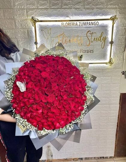 Ramo de 200 rosas rojas y follaje baby y mariposas