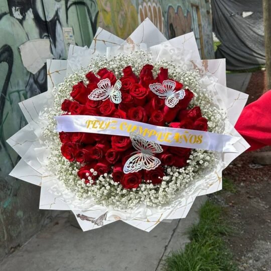 Ramo de 60 rosas rojas y follaje baby, mariposas y listón